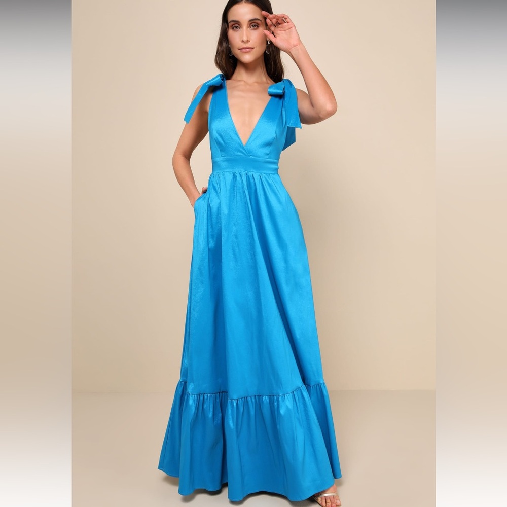 Lulus Teal Blue Rare Charm Woven Taffeta Tie-Strap Maxi Dress With Pockets NWT S